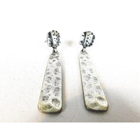 Drop Dangle Silver Tone Bar Style Hammered Pierced Earrings - Picture 8 of 8